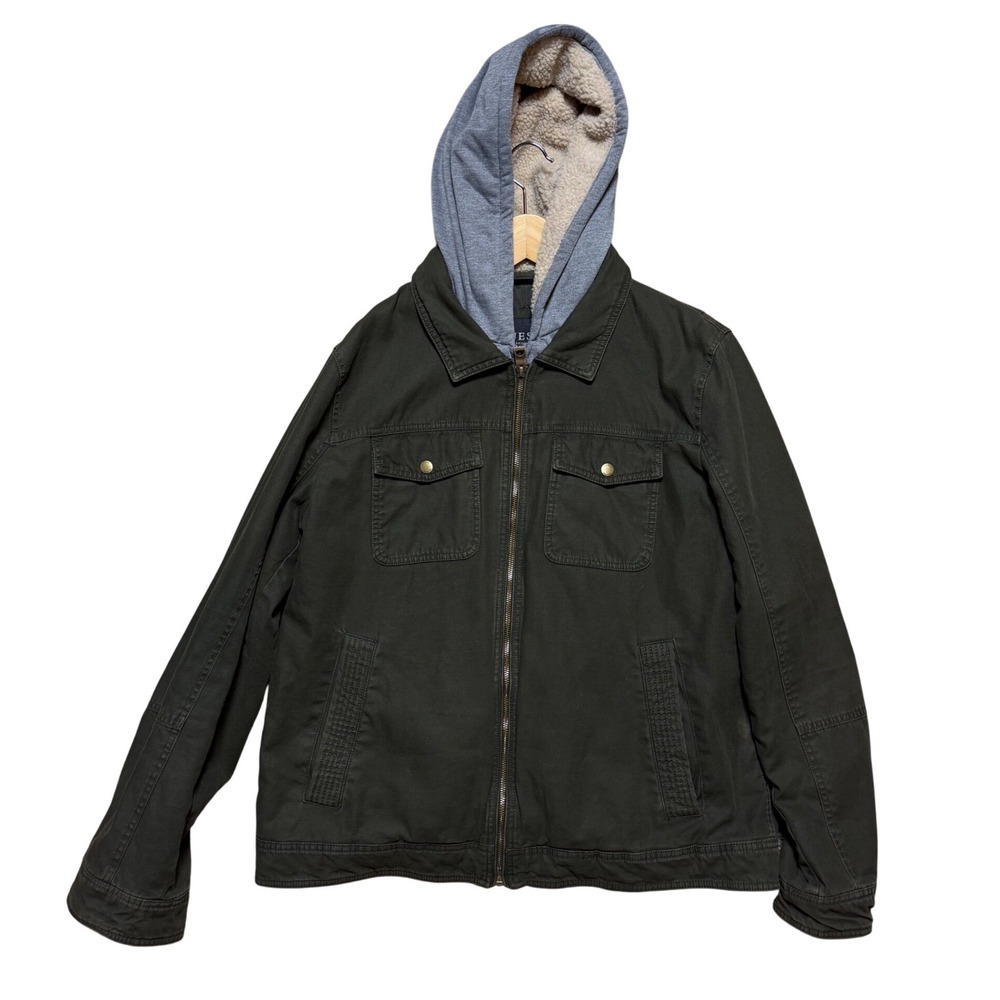 Guess Jacket Mens XL 11SPC220 Olive Green Sherpa Hooded Canvas Field EUC